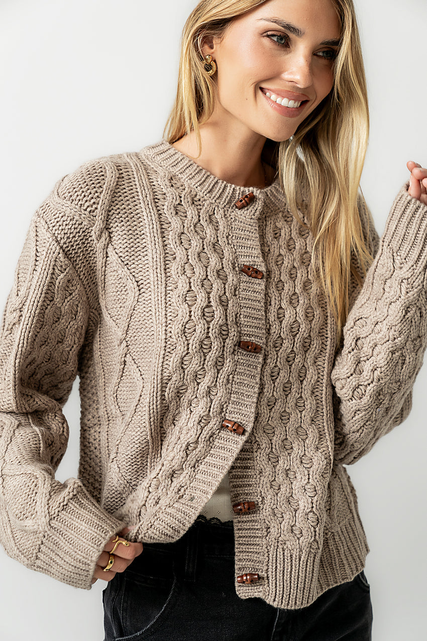 Noah Cable Knit Cardigan in Taupe - FINAL SALE