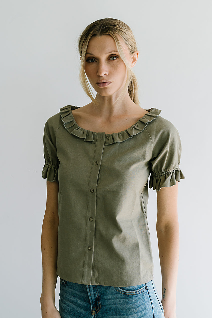 Connie Ruffle Blouse in Olive - FINAL SALE