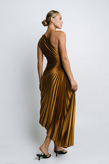 Asymmetrical Pleated Maxi Dress in Gold - FINAL SALE