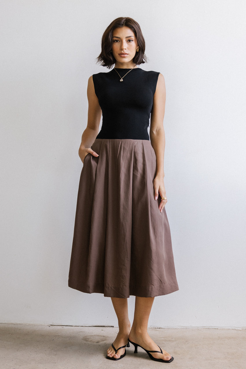 Tristan Mixed Media Midi Dress in Brown - FINAL SALE