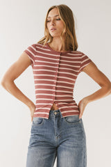 Vestia Striped Button Up Tee in Pink - FINAL SALE