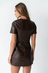 Moxie Vegan Leather Mini Dress in Brown - FINAL SALE