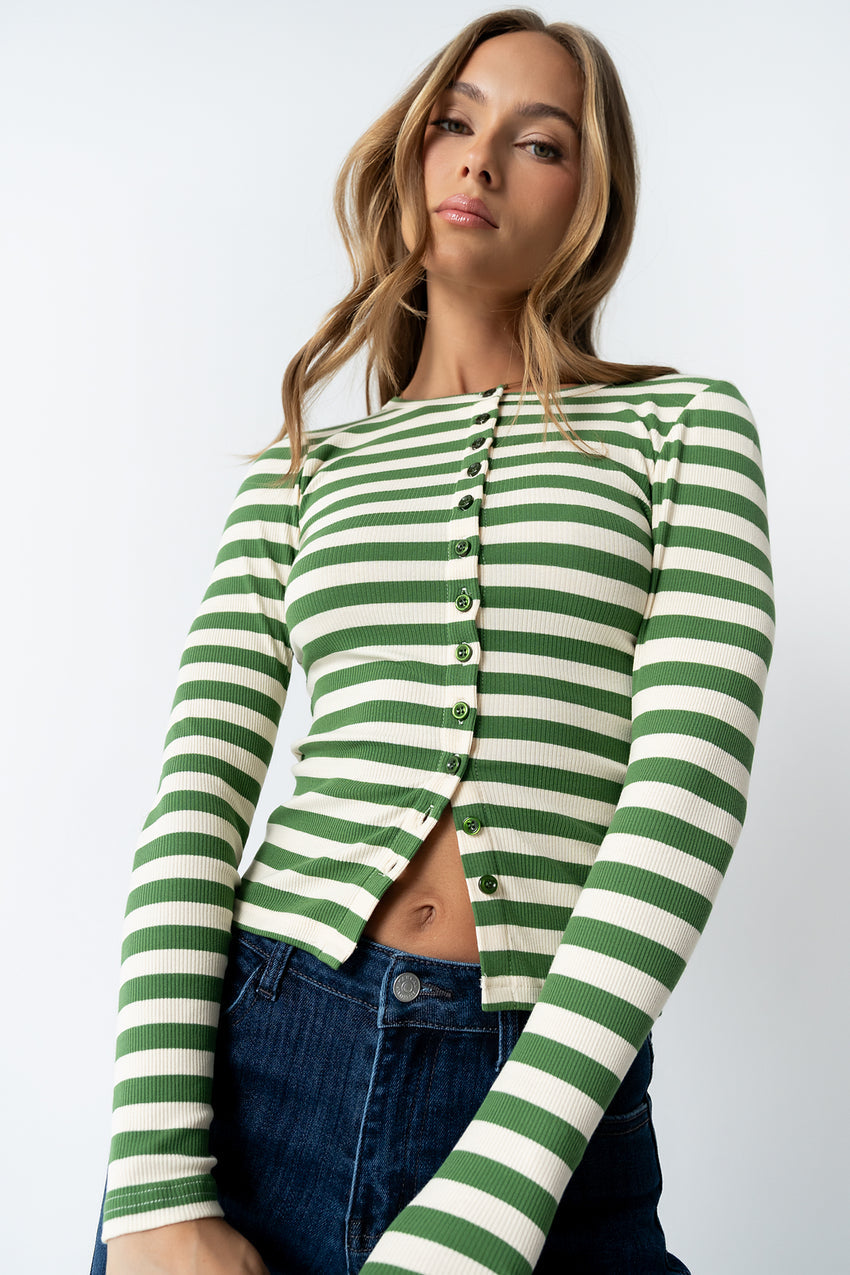 Mia Button Up Top in Striped Green - FINAL SALE