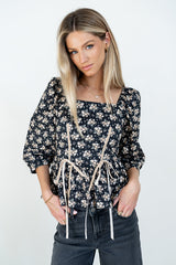 Jerzey Floral Peplum Blouse in Black - FINAL SALE