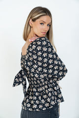 Jerzey Floral Peplum Blouse in Black - FINAL SALE