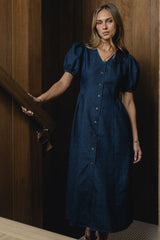 Conley Pinstripe Midi Dress in Medium Wash