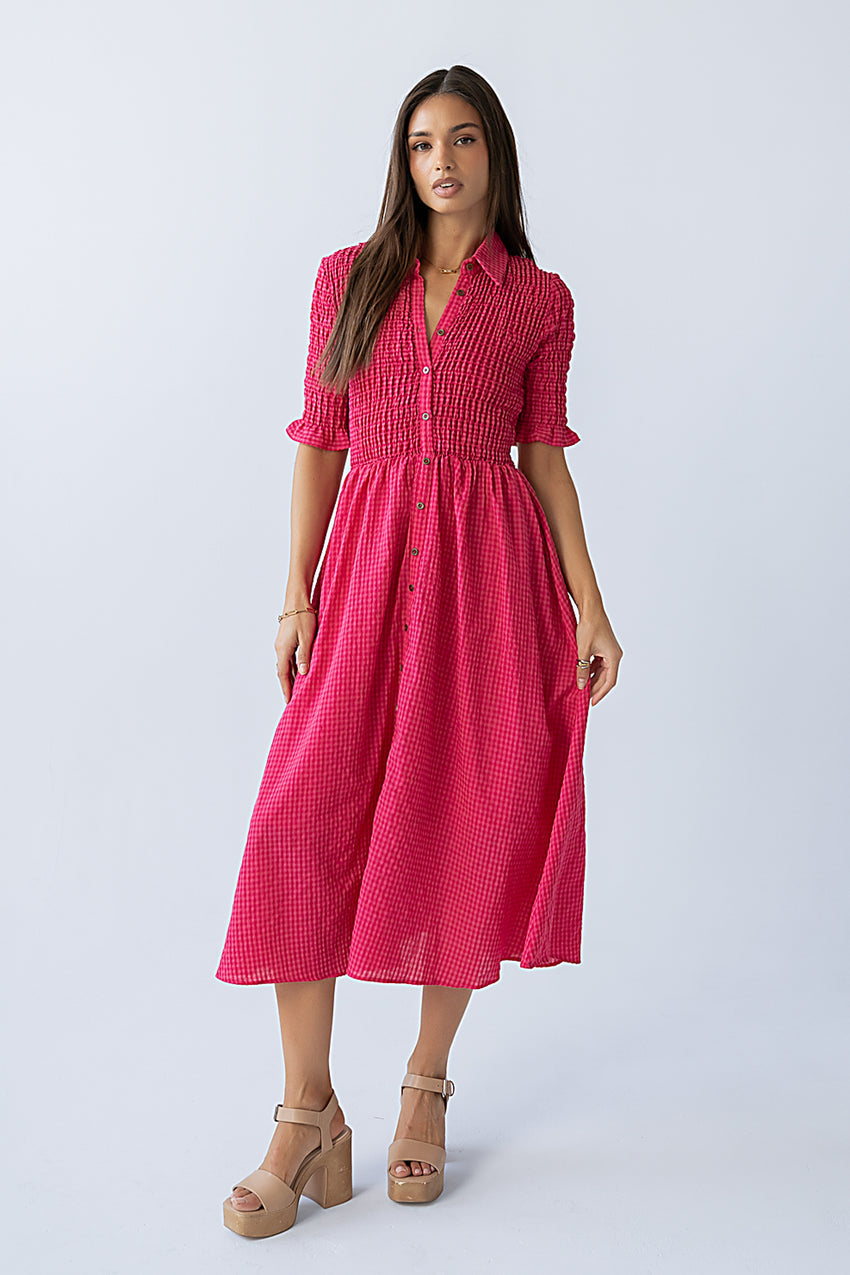 Jonas Gingham Midi Dress in Pink - FINAL SALE