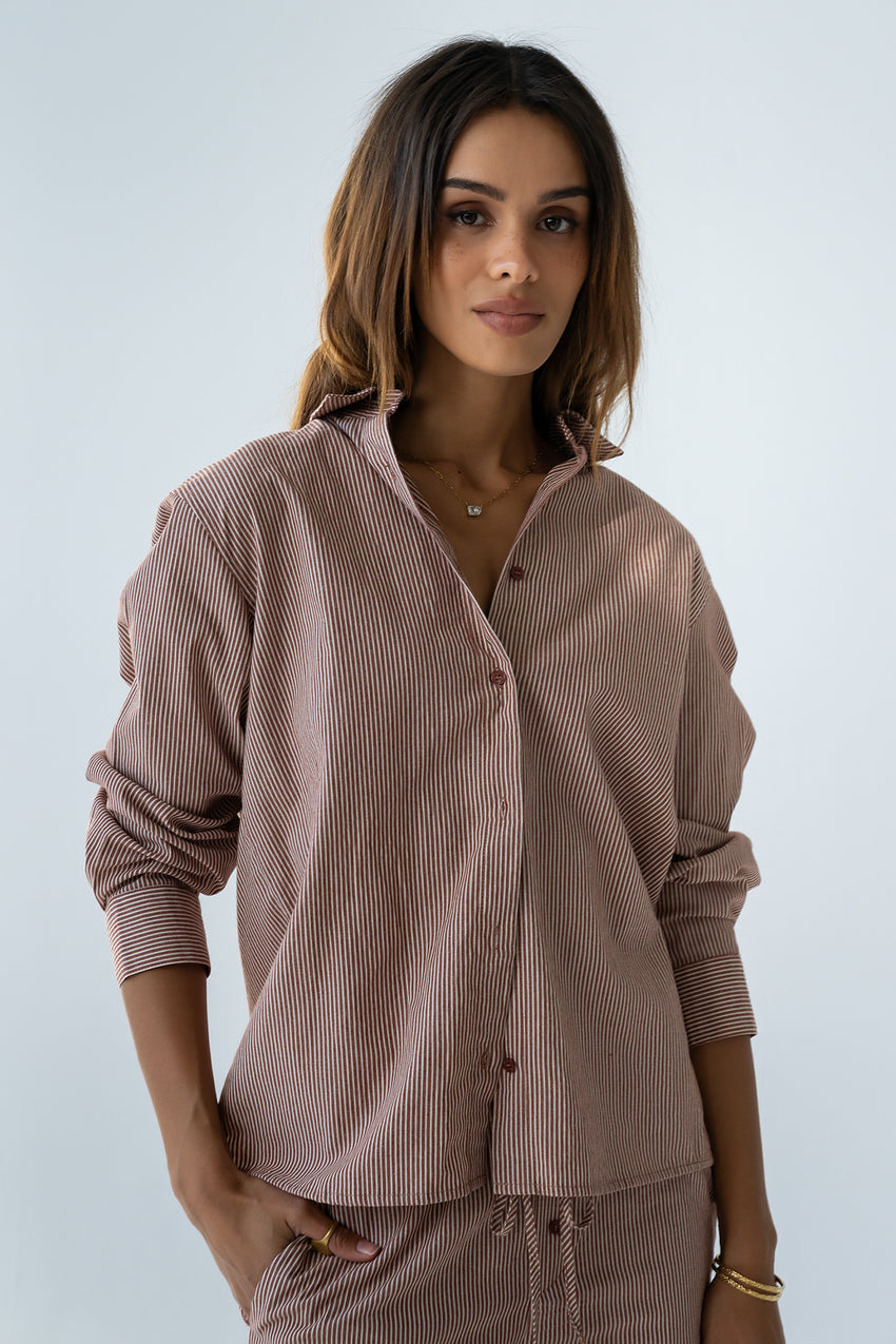 Hailey Striped Button Up in Mauve - FINAL SALE