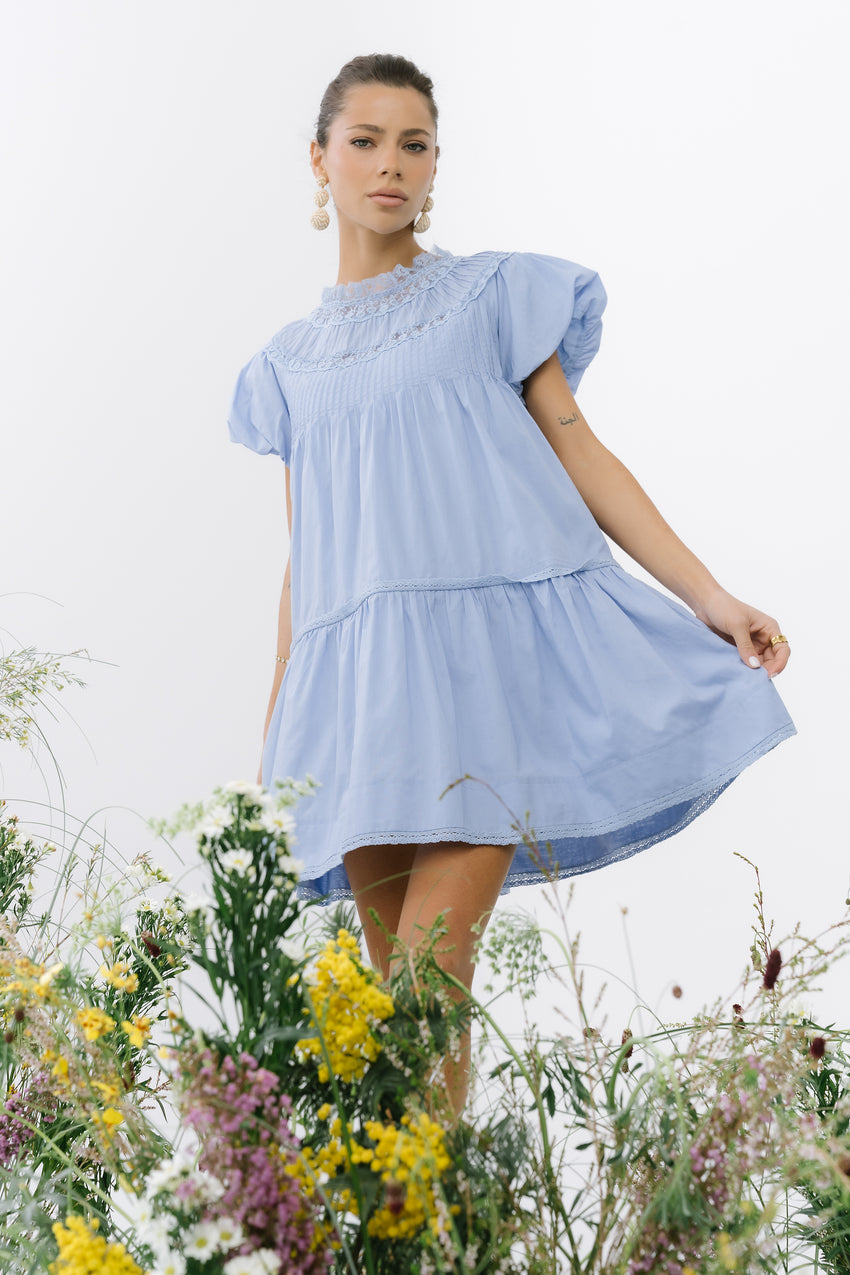 Toby Pleated Baby Doll Dress in Blue - FINAL SALE