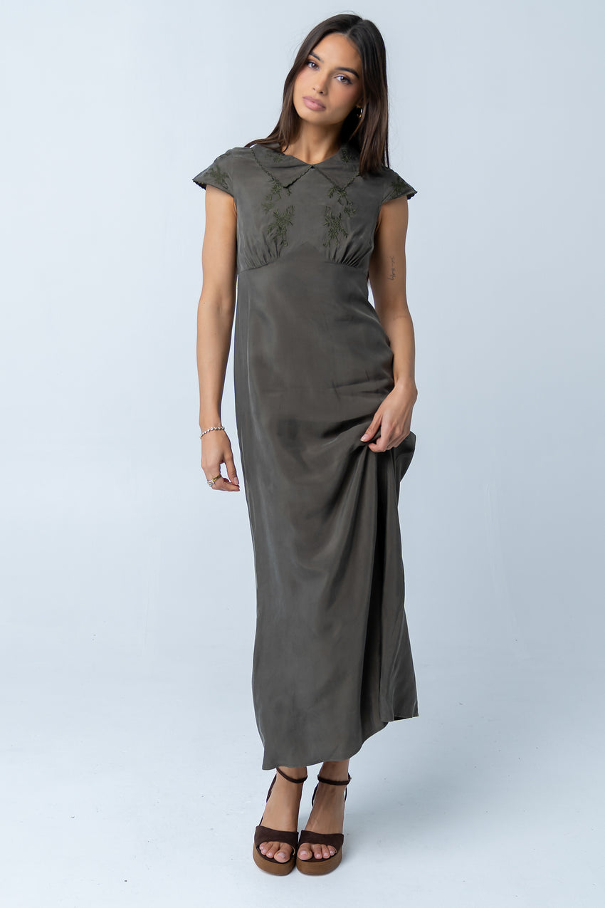 Tammy Embroidered Maxi Dress in Olive - FINAL SALE
