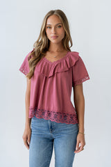 Lilian Lace Trim Top in Berry - FINAL SALE