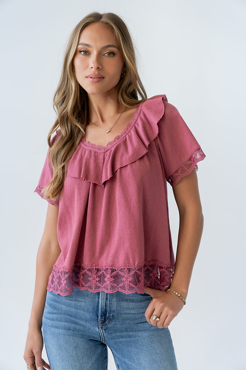 Lilian Lace Trim Top in Berry - FINAL SALE