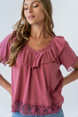 Lilian Lace Trim Top in Berry - FINAL SALE