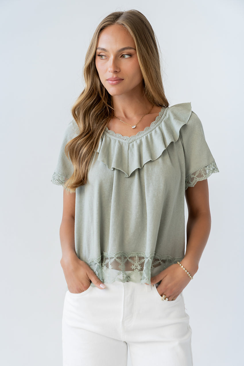 Lilian Lace Trim Top in Sage - FINAL SALE
