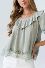 Lilian Lace Trim Top in Sage - FINAL SALE
