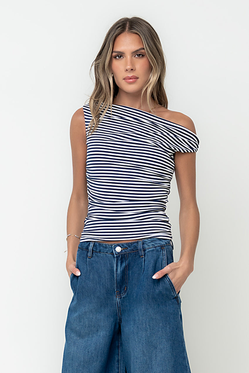 Michelle Boatneck Striped Top in Navy - FINAL SALE