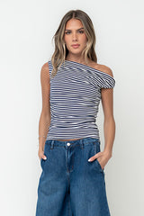 Michelle Boatneck Striped Top in Navy - FINAL SALE