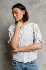 Cassidy Embroidered Button Up in Blue - FINAL SALE