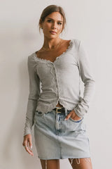 Logan Lace Trim Top in Grey - FINAL SALE