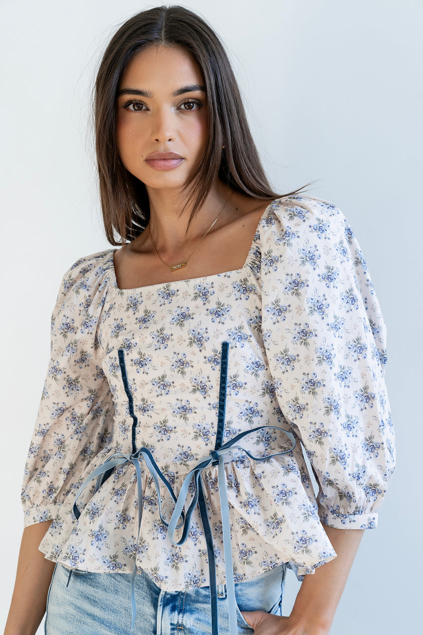 Jerzey Floral Peplum Blouse in Ecru - FINAL SALE